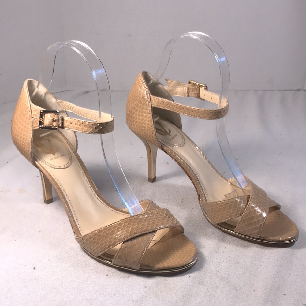 Vince Camuto Grace  Signature  Nude Tan Snakeskin Print Open Toe Heeled Sandals